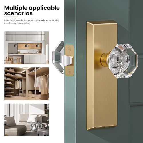 Image of Glass Door Knobs for Interior Doors - Vintage Crystal Passage Closet & Hallway Door Knob - Diamond Cut Door Handle - Satin Brass Finish (1 Pack)