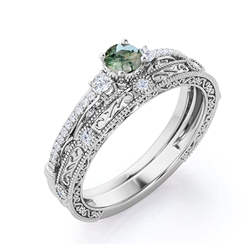 Moss Agate Ring Set Natural Moss Agate and Moissanite Engagement Ring for Women 10K 14k 18K White/Yellow/Rose Gold Moss Agate Engagement Ring Wedding Band Moss Agate Wedding Ring Set for Her3