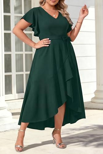 Image of Women Plus Size Wedding Guest Dress - Formal Cocktail Split Ruffle V Neck High Low Party Long Maxi Dresses