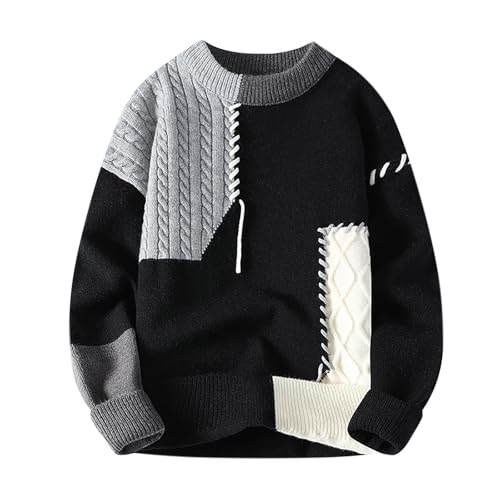 uhnmki Patchwork Sweater Mens Colorblock Jumper Cable Knitted Pullover Oversized3