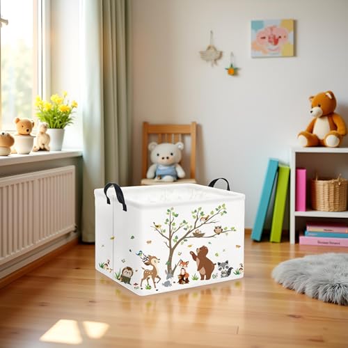 Image of Rectangular Kids Storage Basket Baby Storage Basket with Handles for Home Kitchen Boys and Girls Cute Toy Storage Bin Organizer Shelf Book Room Decor(Tree Animal)
