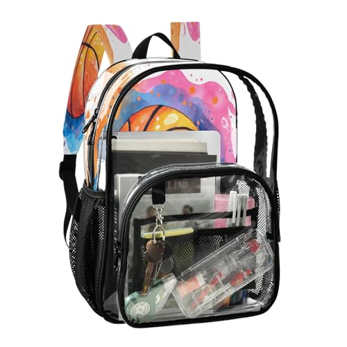 Clear Backpack for School Watercolor Cartoon Orange Basketball Transparent Bookbag for Girls See Through PVC Boy Backpacks2