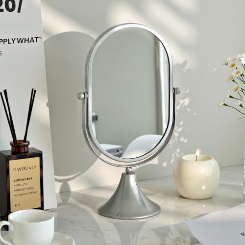 Hosoncovy Desktop Mirror with Stand Metal Frame Vanity Makeup Tabletop Mirror Oval Free Standing for Bathroom Bedroom (Silver)