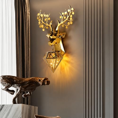 Image of Modern Metallic Golden Deer Wall Sconce with Diamond Cage Light, Metal Wall Art, Antler Design, Decorative Wall Lamp for Living Room, Bedroom, Home, Hotel, Cafe with Filament Bulb (Deer)