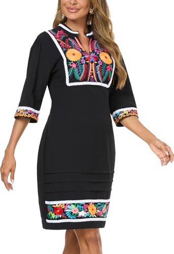 Women's Boho Dress Summer Dresses Peasant Spring Floral Embroidered V Neck 3/4 Sleeves Fromal Party Dress4