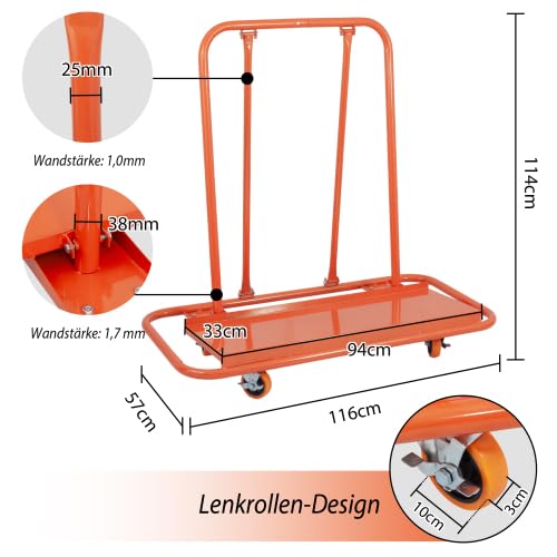 Robusto carro de placas de yeso | Rigips Carro de transporte con capacidad de carga de 1000 kg – Carro plegable con 4 ruedas giratorias y frenos | Transportador de placas para paneles de yeso naranja