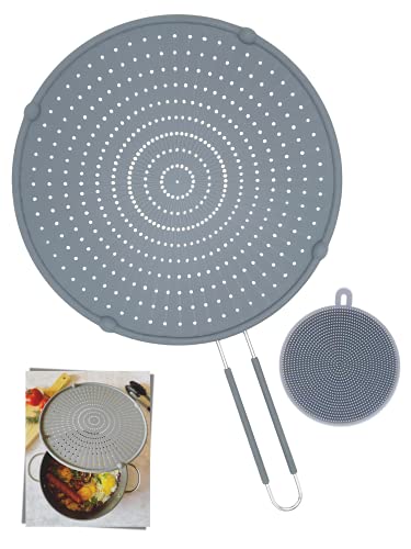 Sutira 13" Silicone Splatter Screen For Frying Pan, Multi-Use Universal Pan Cover, Non-Stick Oil Splash Guard, Cooling Mat, Drain Board, Strainer, Food Safety, High Heat Resistant, Grey Color #TOP8