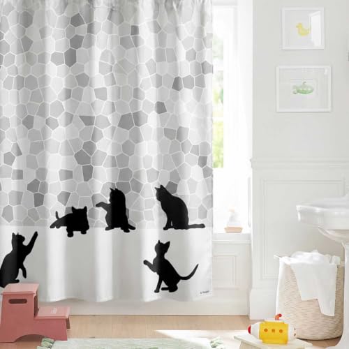 Rideau de douche tissu chat motif mosaïque bicolore haute densité