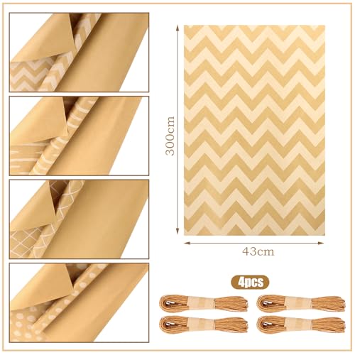ASelected 4 Rolle Geschenkpapier, 43 x 300cm/Rolle Packpapier Geburtstag 4, Geschenkpapier Kinder mit Geschenkanhänger und Jute Schnur, Rolle Set für Geburtstag Hochzeit Jubiläum Geliefert