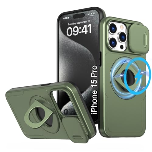 Image of LuxuryKase MagSafe Shockproof Rugged Back Case for iPhone 15 Pro | Finger Ring Kickstand & Sliding Camera Cover | Military Drop Protection | Wireless Charging Support - Green