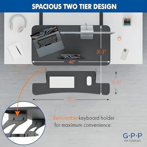 Image of Standing Desk Converter for Dual Monitors, 40 Inch Height Adjustable | Sit-To-Stand Workstation With Gas Spring Lift, Detachable Keyboard Tray, and 17.3 Inch Vertical Range