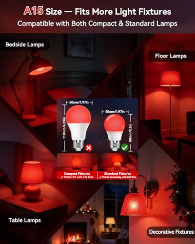 BoRccdit 7W 670nm Red Light Bulbs for Sleep 4PK, 100% Blue Light Blocking Bulb, Red Light Night Light for Melatonin Promoting, A15 60W Equivalent Flicker Free Light Bulbs for Bedroom, Baby Nursery