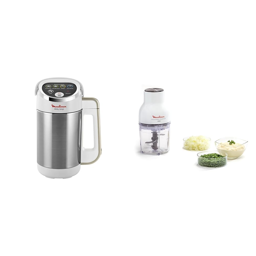 Moulinex Blender chauffant, 1000 W, Capacité 1.2 L, 5 programmes automatiques & Hachoir électrique, Fonctions 3-en, Emince, Hache, Mixe, 300 W, 4 lames, 400 ml, Système de pression simple