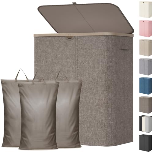 Image of Lifewit 185L 3 Section Laundry Hamper with Lid, Large Laundry Basket with Handles and Removable Bags, Tall Clothes Hamper, Foldable Laundry Sorter for Bedroom Bathroom, Brown