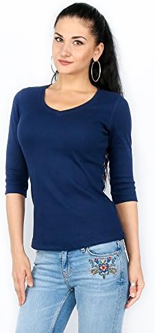 Rosh Miskin Essentials- Women’s V-Neck w. ¾ Sleeve, 100% Cotton- Midnight Blue (Small)