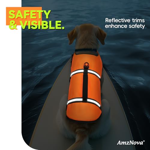 AMZNOVA Rip Stop Hundeschwimmweste, Schwimmweste Hund für Bootfahren, Auftrieb & Schwimmhilfe, Rettungsweste, S, Leuchtend Orange