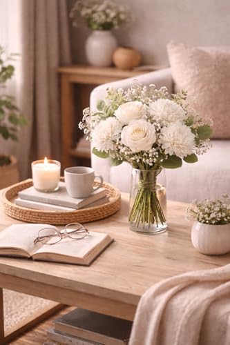 Image of Divyakosh Artificial White Flower Bouquet with Roses & Chrysanthemums, Pooja Room Decoration Items & Craft Interior Props (Vase Not Included)