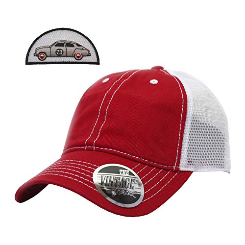 The Vintage Year Washed Cotton Low Profile Mesh Adjustable Trucker Baseball Cap (Red/Red/White)