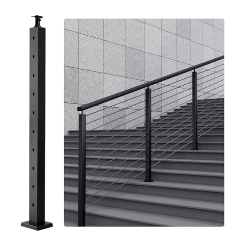 VEVOR Poste de Barandilla de Cable de Acero con Orificio en Ángulo de 30°, 91,4 x 5 x 5 cm, 10 Orificios Preperforados, Poste de Riel de Cable de Acero con Soporte Horizontal y Curvado, Negro