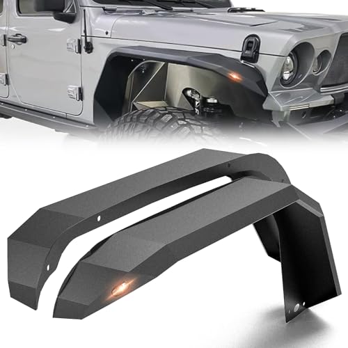 YZONA for JT Flat Front Fender Flares Compatible with 2020 2021 2022 2023 2024 2025 2026 Jeep Gladiator JT with Turn Signal Lights, Heavy Duty Steel Mud Guard Wheel Fenders Combo