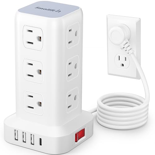 Tower Surge Protector Power Strip with 12 Outlets 4 USB (1 USB C), 6.5Feet Extension Cord with...