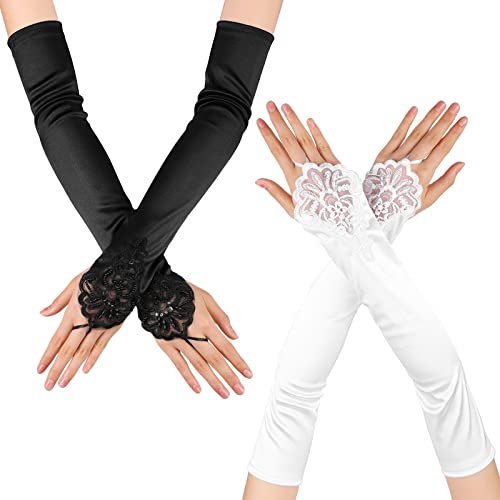 2 Pares Guantes Largos de Satén Encaje sin Dedos para Novia Boda, Blanco Negro Cover