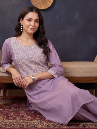 Image of INDO ERA Women's Silk Blend Geometric Embroidered Thread Work Kurta & Pant Set | Co Ord Set For Women Stylish