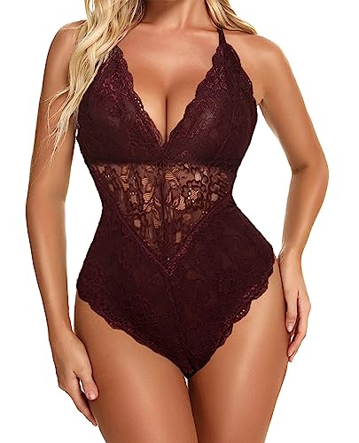 Avidlove Women Snap Crotch Lingerie Sexy Lace Bodysuit Deep V Teddy One Piece Lace Babydoll (Brown, XXL)