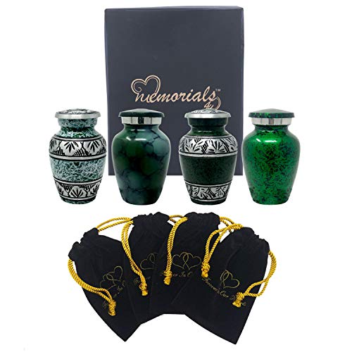 Forever in Our Hearts Classic Keepsake Urns Set of 4 - Beautiful Shades of Mini Keepsakes - Keepsake Urns - Token Urns - Handcrafted & Affordable Mini Urns for Ashes with 4 Velvet Bags (Green)