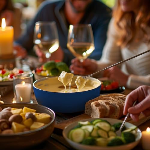 Artestia Swiss Traditional Cast Iron Cheese Fondue Pot Set, Campimg Fondue Set for Cheese, Meat & Chocolate (Blue)