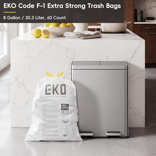 Image of EKO 8 Gallon / 30.3 Liter, 60 Count Drawstring Trash Bags, Extra-Strong Unscented Garbage Bags, Easy-Dispense Roll for Kitchen & Household Use, Resists Tears, Leaks and Punctures, Code F-1, White