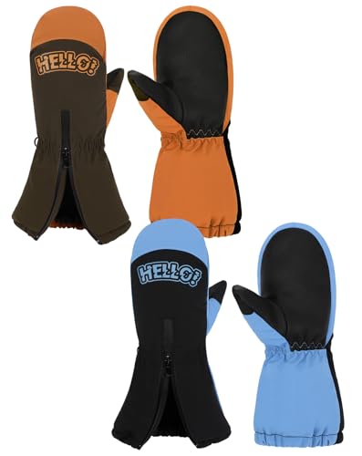 2 Pairs Easy-On Zipper Kids Snow Gloves for Boys Ages 3-6 - Waterproof Warm Fleece Toddler Mittens, Christmas Stocking Stuffers Gifts