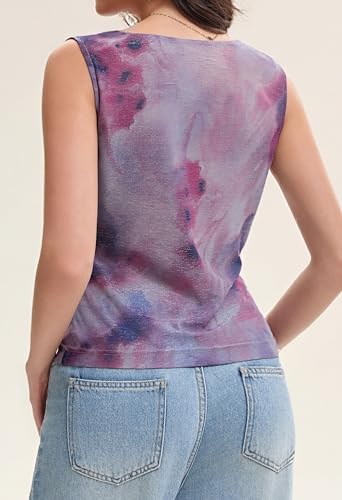 Women's Cowl Neck Sleeveless Top 2026 Sleeveless Ruched Floral Printed Shirts Summer Tank Tops (US, Alpha, Medium, Regular, Regular, Purple) - image 6