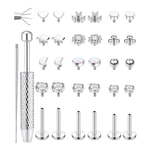 Image of SANNIDHI Earrings Set for Women Hypoallergenic Surgical Steel Internal Thread Stud Piercing Jewelry for Tragus Helix Cartilage Conch Nose Plated Lip Labret Medusa Piercing