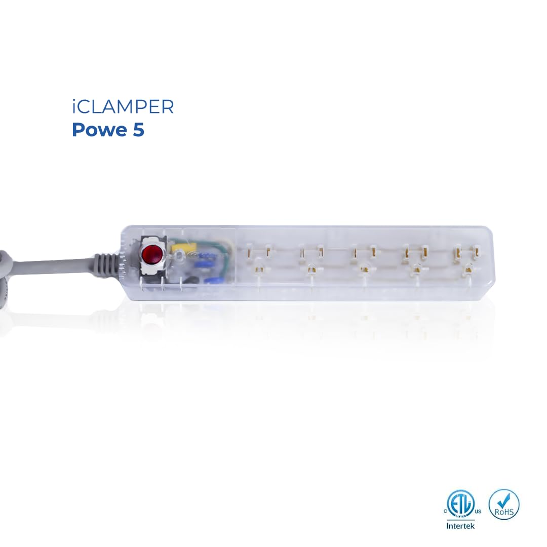 Clamper Power Strip 5-Outlet 4ft Extension Cord, Short Circuit Protection, Surge Protector 1800 Joules, 1875W, for TV, PC, Xbox, PS5 and Other Appliances, Home and Office, iCLAMPER Power 5 Clear