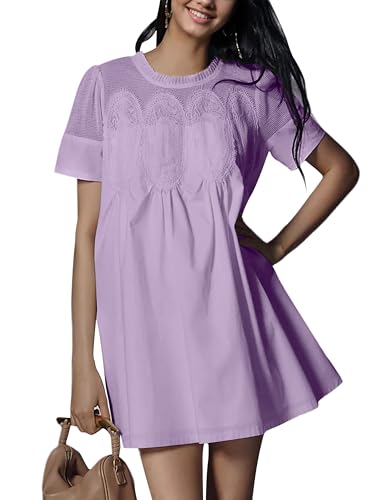 Image of Womens Summer Lace Mini Babydoll Dress Ruffled Collar Short Sleeve Loose Mesh Swing Elegant Flared Sundress