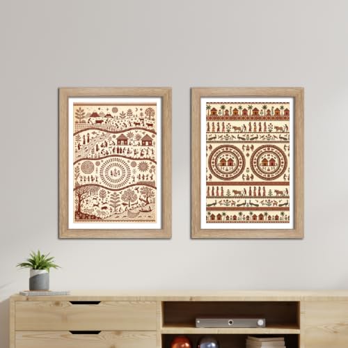 Image of TenorArts Traditional Tribal Folk Art Photo Frame Set of 2 , Indian Rural Arts Decor Wall Hanging Painting For Bedroom Living Room Cafe and Home decor / Minimal Drawing Framed Posters for Decoration (9x12 inches) [T2P-07T]
