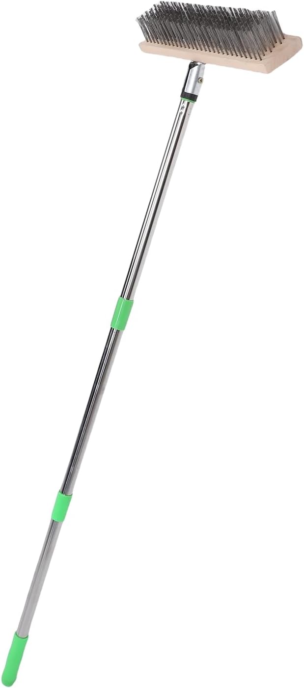 Focket Floor Brush, Heavy Duty Stainless Steel Scrub Brush, Grout with Long Handle and 3 Detachable Rods for Concrete Deck Patio Garage Garden Kitchen Bathroom