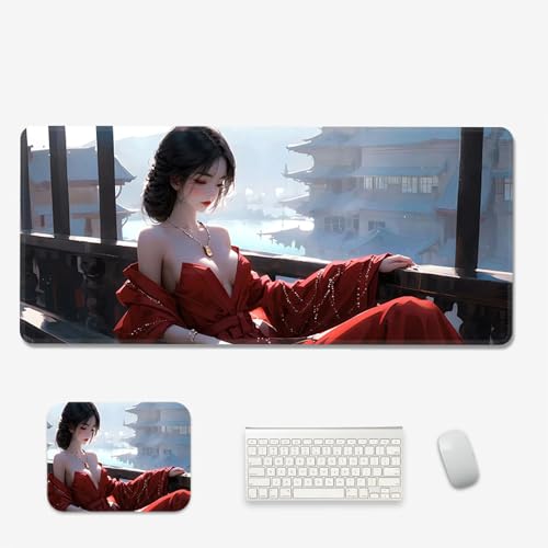 中国スタイル、 XL(80cm x 30cm)、拡張大型マウスマットデスクパッド、ステッチエッジ、滑り止めラバーベース、キーボードパッド(11.8 x 31.5インチ) (5)
