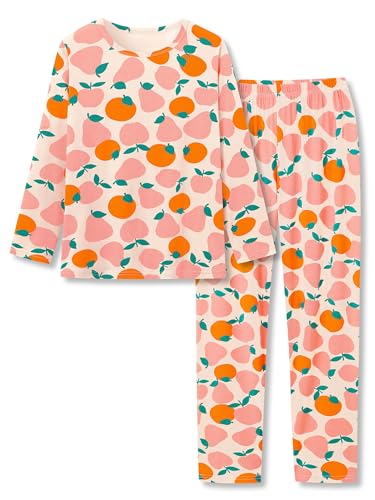 Tebbis Soft Modal Pajamas for Girls Long Sleeve & Pants Set Orange Pear Jammies Big Kid Size 10