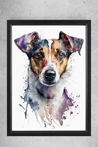 Impression Jack Russell Terrier aquarelle sous cadre noir A4 31x23 cm