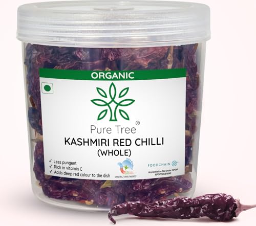 Image of Pure Tree Certified Organic Kashmiri Lal Mirch | 100 g | Jar | Red Chilli Whole | Sabut Lal Mirch | Kashmiri Chilli Lal Mirch Whole Strong Smoky Spice | Dry Red Chilli Whole