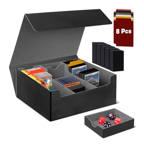 EPUMP Sammelkarten Aufbewahrungsbox für 1800+ Karten - Magnetische Sammelkarten Box - Trading Card Box mit Würfelbox - PU Leder Kartenbox mit 8 Kartenteiler und 5 Schaumstopfen(Grau Kartenbox)
