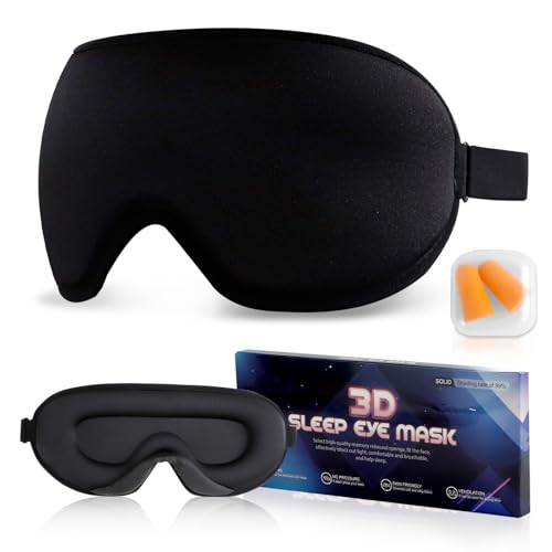 HMIEPRS Mascherina per Dormire, 3D Ergonomico Mascherina per gli Occhi per Bloccare la Luce con Tappi per Orecchie, Maschera per il Sonno da Viaggio Nera con Cinturino Regolabile per Donne e Uomini