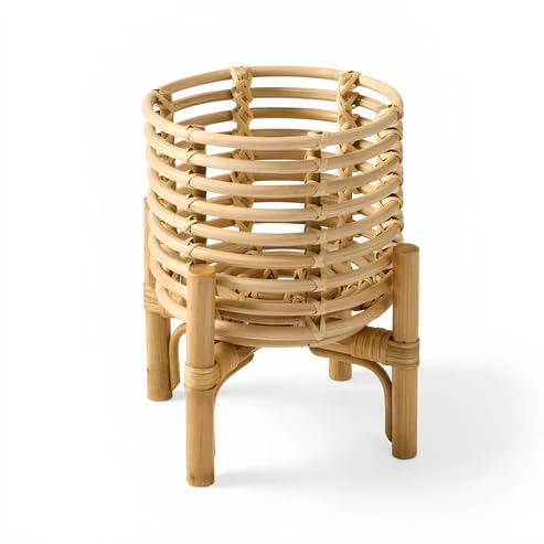 Image of IRA Furniture Eco-Friendly Handwoven Rattan Planter with Bamboo Stand - Ribbed Design Indoor Plant Pot Holder - Minimalist Boho Flower Stand for Home, Living Room & Balcony Decor