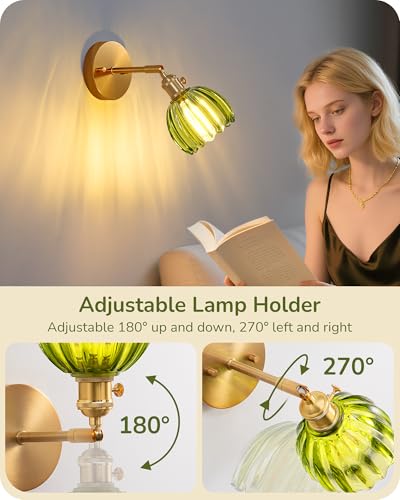 Image of EDISHINE Vintage Brass Wall Sconces with Adjustable Green Tulip Glass Shade | Hardwired, 180 & 270 Adjustable, Rotary Switch, Vintage & Modern, E26, Ideal for Bathroom, Bedroom, Hallway
