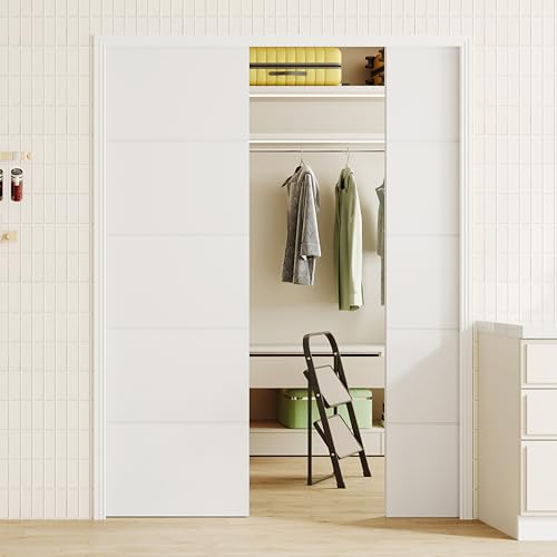 Image of 56 inch x 80 inch Pocket Door with Frame & Track Kit, 5-Panel Textured Sliding Interior Pocket Door, Soft Close Hardware, Lightweight Waterproof PVC Pocket Doors