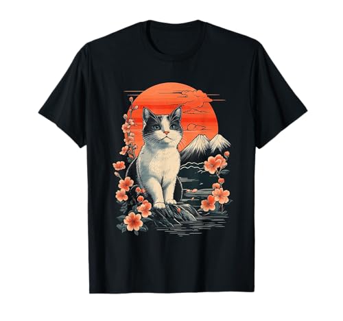 japanese samurai cat mountain & cherry blossom japan sun T-Shirt