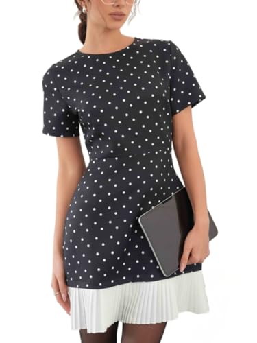 Polka Dot Mini Dress for Women Round Neck Short Sleeve Pleated Hem Mini Dress for Office Summer Outfit 2025