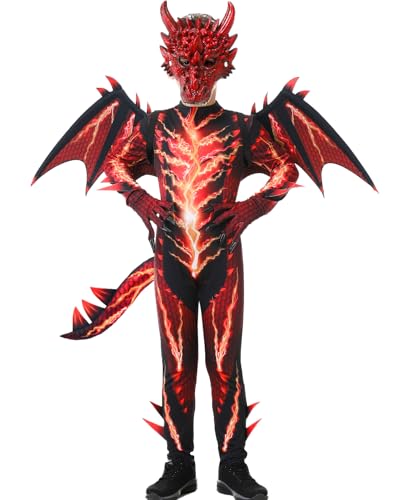 Déguisement Dragon Enfant Deguisement Halloween Enfant Costume Carnaval Garcon avec Ailes de Dragon Masque Queue Griffes pour Garçon Filles de 110 à 160 cm, de 4 à 13 ans